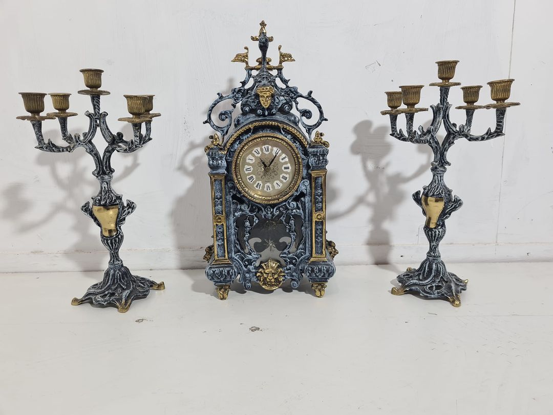 CONJUNTO RELOJ + CANDELABROS 5BRAZ (BRONCE-AZUL)