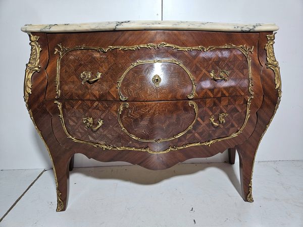 COMODA 2C TAPA MARMOL / CONSOLA MARQUETERIA ESTILO LUIS XV  (117X55X87)