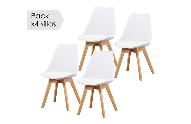 JUEGO 4 SILLAS COMEDOR MOD:FINA (BLANCO / PATA MADERA) *NUEVO*