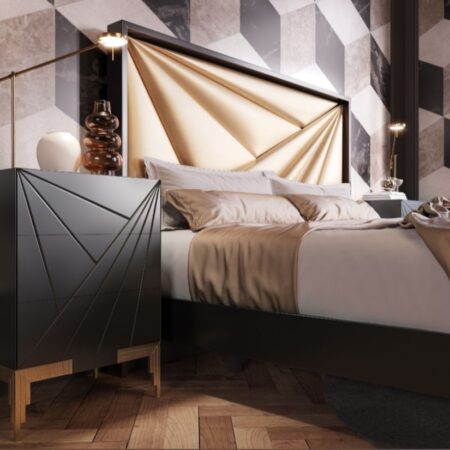 DORMITORIO MATRIMONIO MOD:MX78 PICOS + BANCADA (NEGRO/ORO) *SALDOS FRANCO*