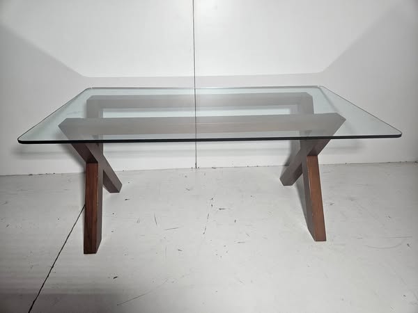 MESA COMEDOR (165X90) (75CM ALTO) (CRISTAL / PATA CRUCETA CEREZO)