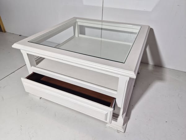 MESA CENTRO 1C (90X90X52) (TAPA CRISTAL) (MADERA BLANCO)