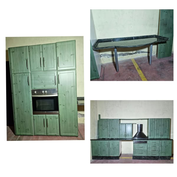 COCINA RECTA (345CM) + MESA (180CM) + DESPENSA 9P (150X210) (VERDE/GRANITO NEGRO)