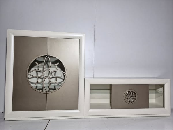 MODULAR SALON (VAJILLERO 120X40X140) + (MUEBLE TV 150X40X    ) (BLANCO-CHAMPAN) *FRANCO FURNITURE*