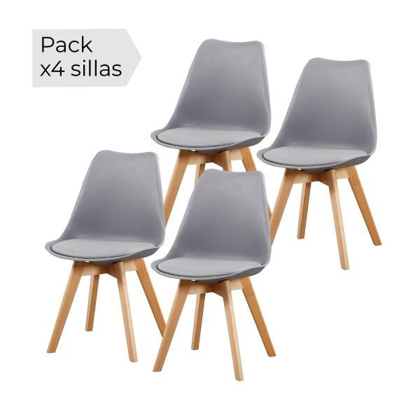 JUEGO 4 SILLAS COMEDOR MOD:FINA (GRIS / PATA MADERA) *NUEVO*