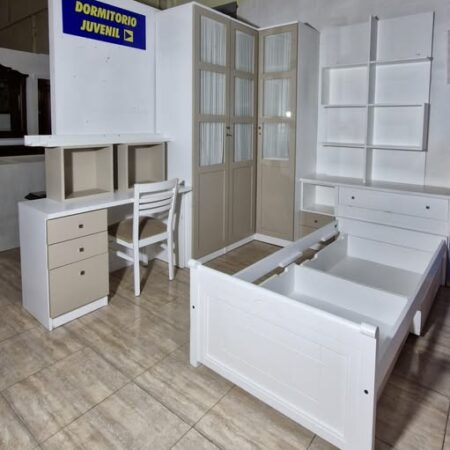DORMITORIO JUVENIL + ARMARIO L (150X53X245)(BLANCO Y NUDE)