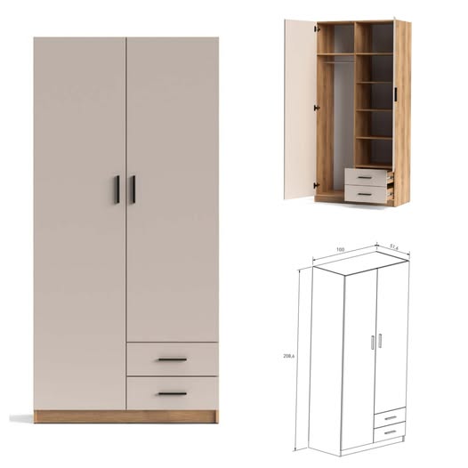 ARMARIO 2P 2C (100X52X209) MOD: ELBA (MAUVELA-BEIG) *NUEVO*