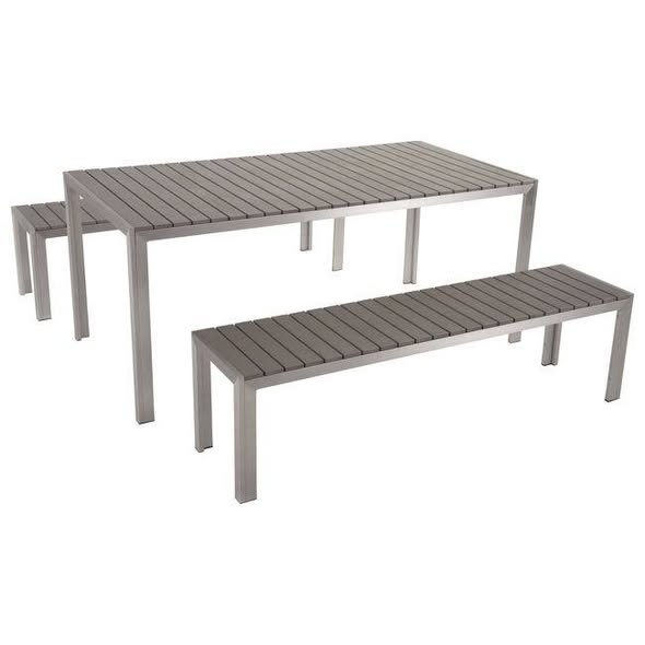 CONJUNTO COMEDOR EXTERIOR (180X90) (75CM ALTO) + 2 BANCOS (165X40) (45CM ALTO) MOD:NARDO GRIS (LEROY MERLIN)