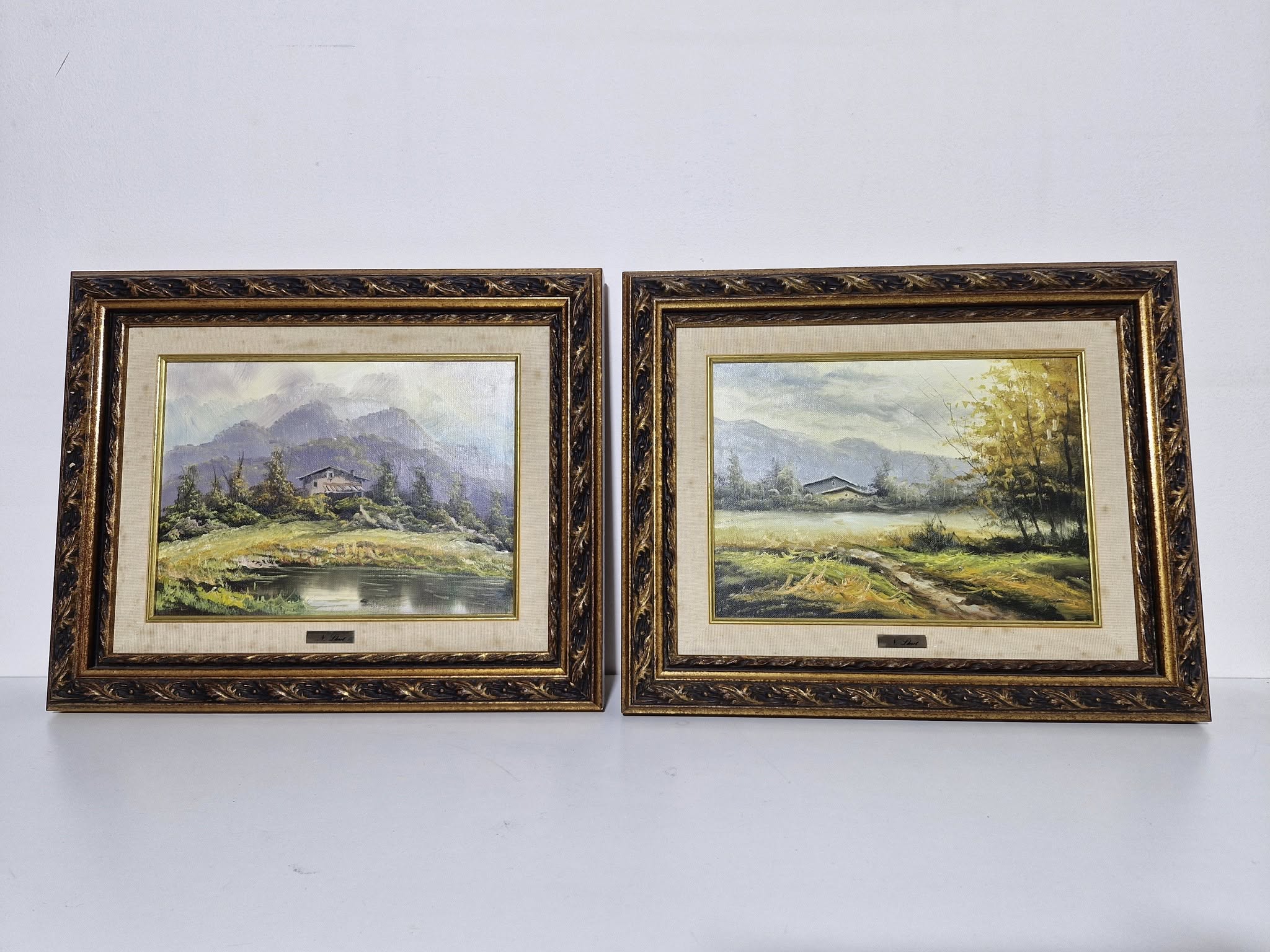 X2 CUADROS / MARCO DORADO (48X39) (PAISAJE BOSQQUE Y MONTAÑAS)