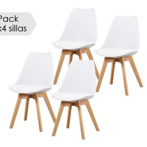 JUEGO 4 SILLAS COMEDOR MOD:FINA (BLANCO / PATA MADERA) *NUEVO*
